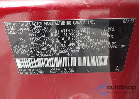 2013 Toyota Rav4 Limited z USA, uszkodzony, nr VIN 2T3DFREV6DW074016